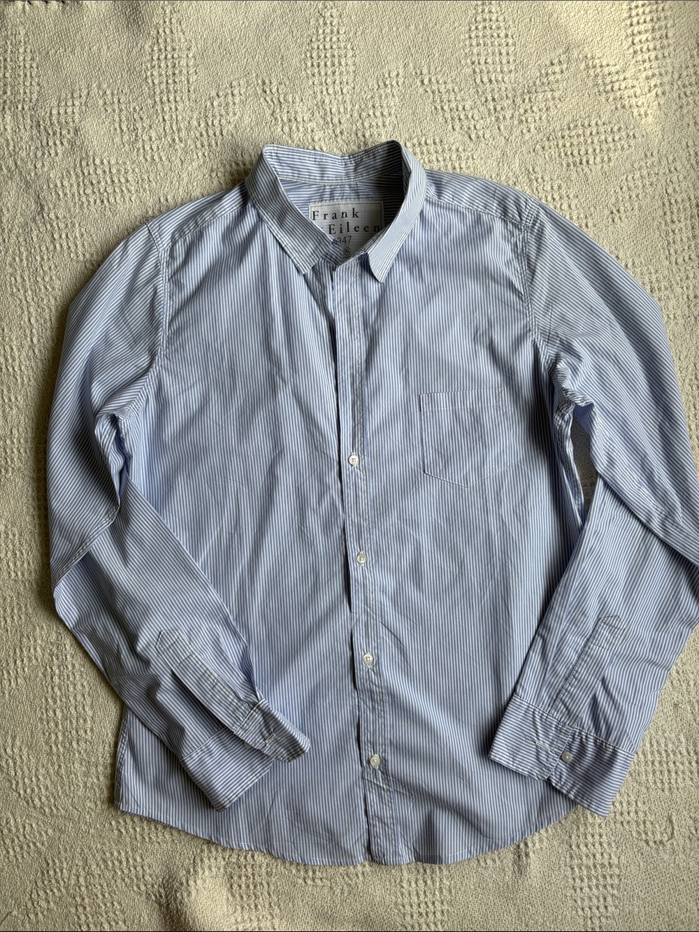 Frank & Eileen Blue and White Pinstripe Button-Down Blouse